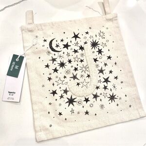 Letter J Monogram Embroidered Canvas Moon Stars Tapestry Wall Hanging Decor